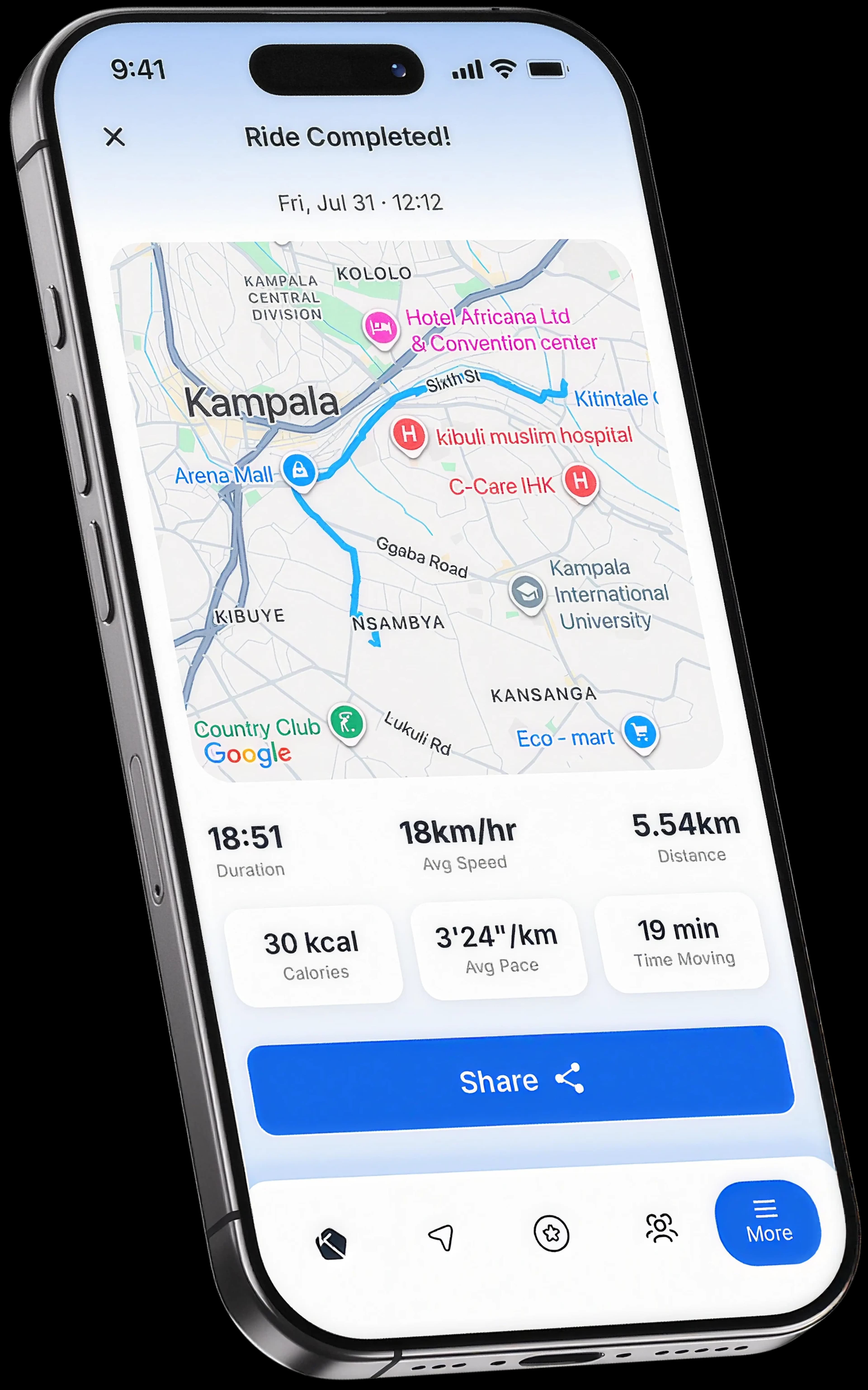 KLife activity summary showing a mapped route with duration, speed and distance