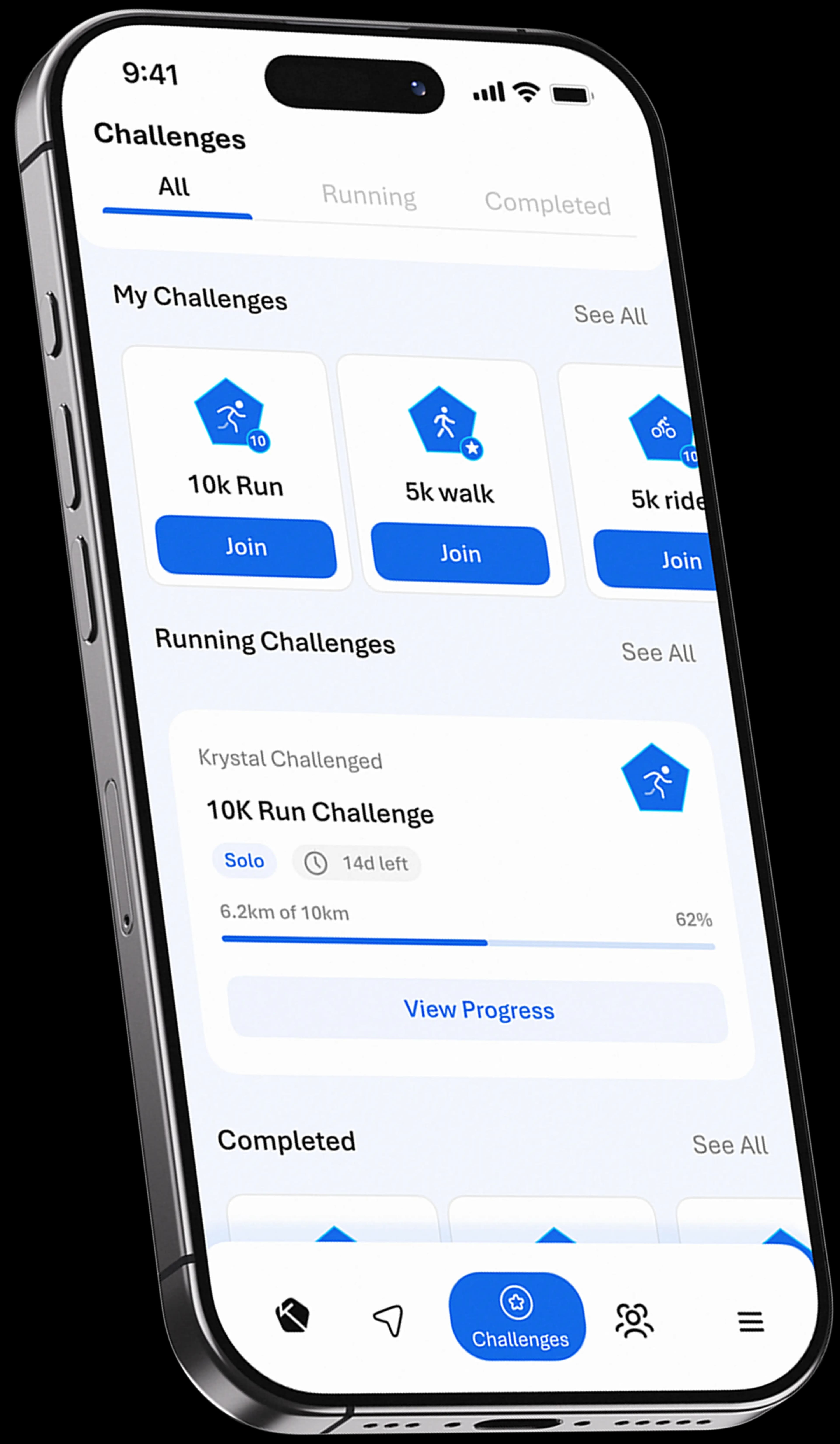 KLife challenges screen listing running challenges and progress
