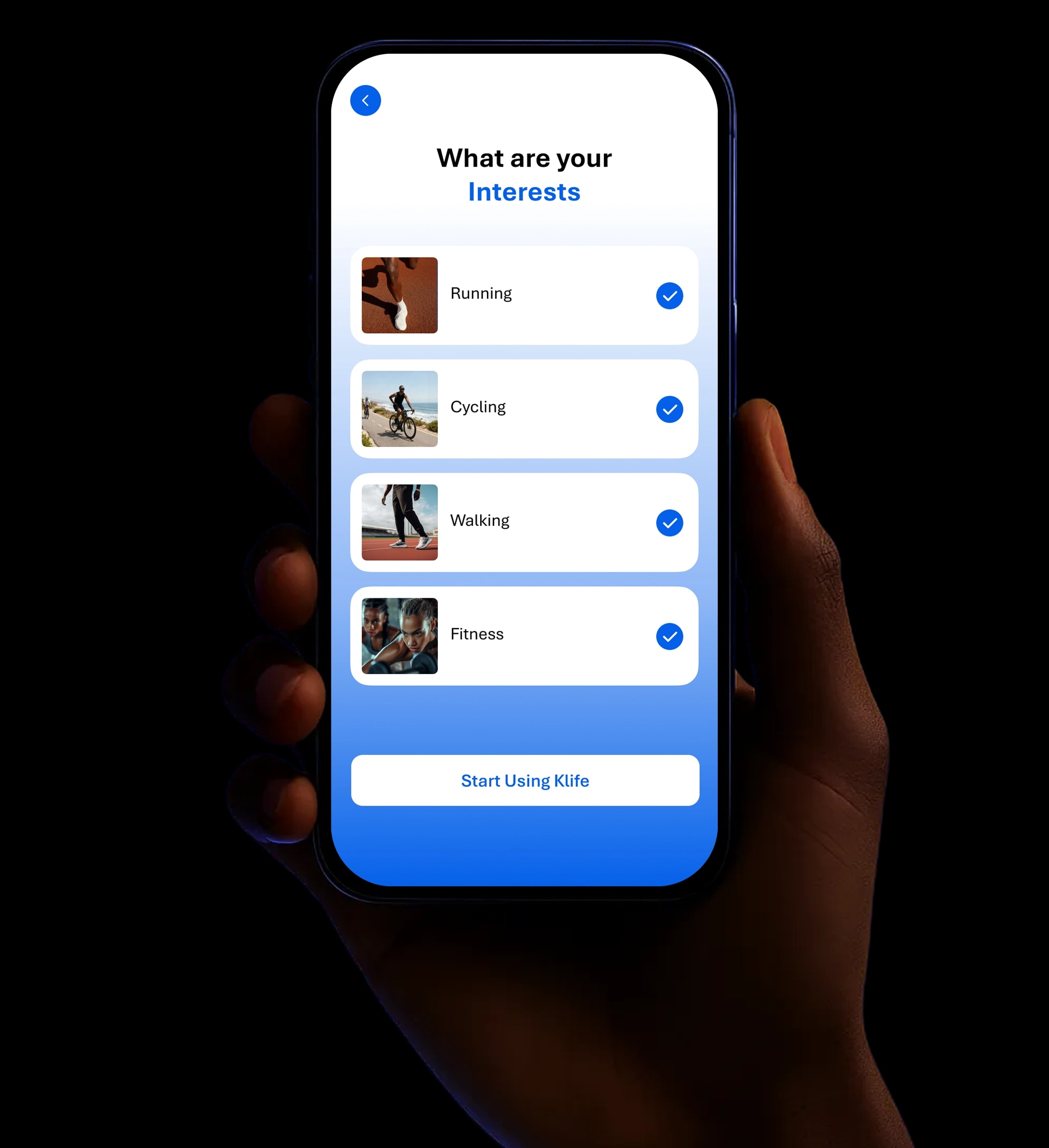 KLife choose activity screen with walking, running and riding
