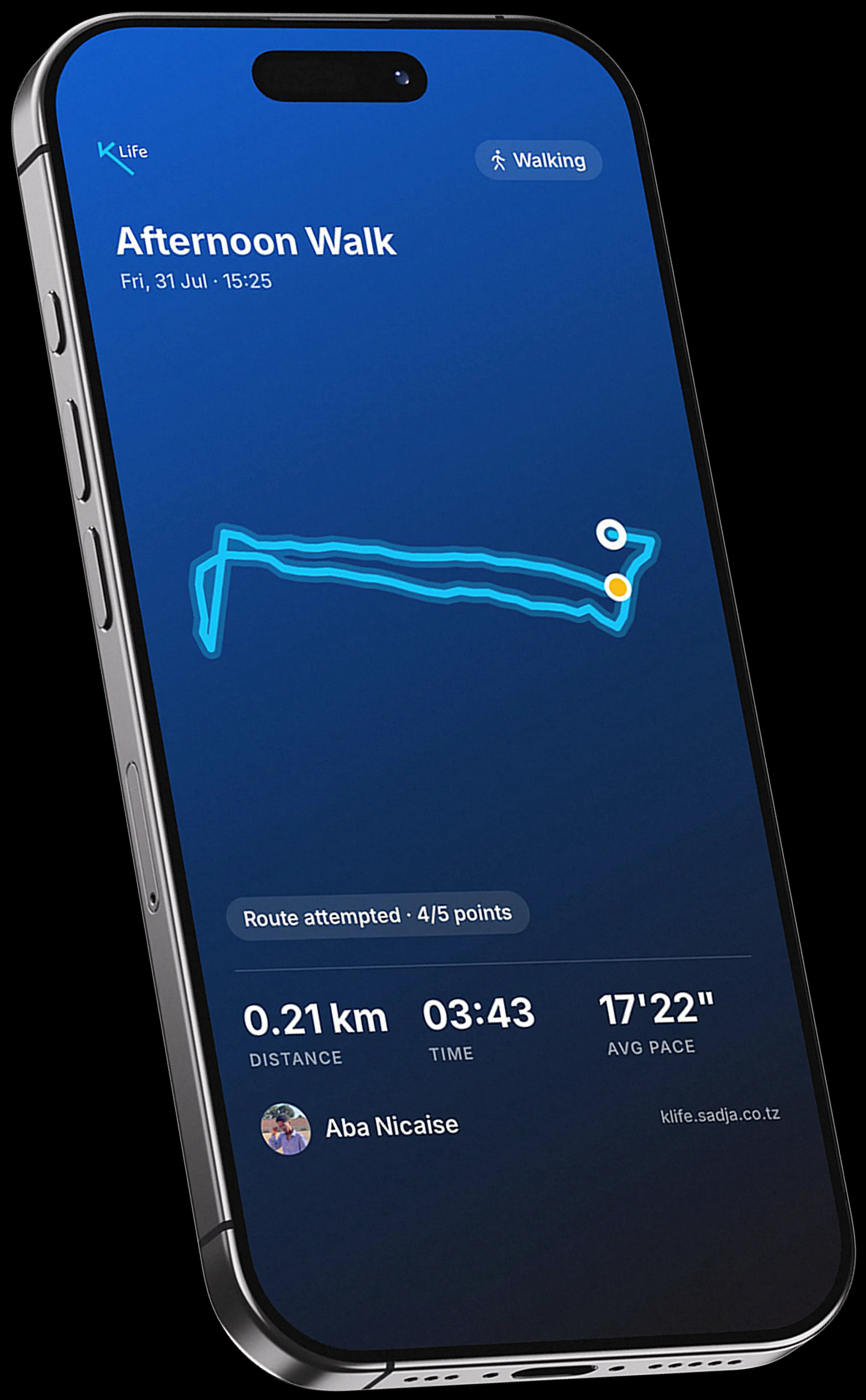 A shareable KLife activity card showing a walk's route, distance and pace