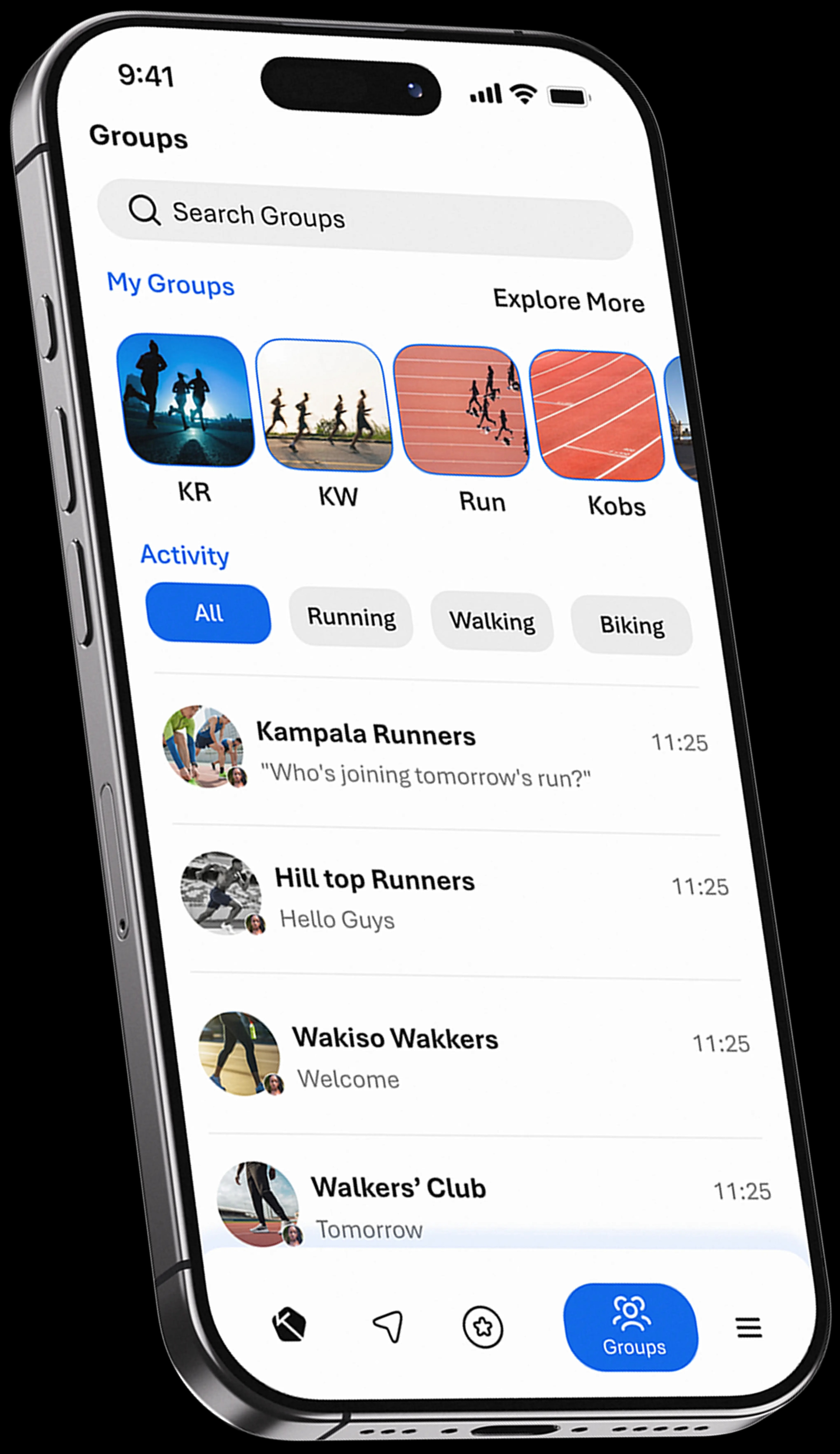 The KLife groups screen listing running groups nearby