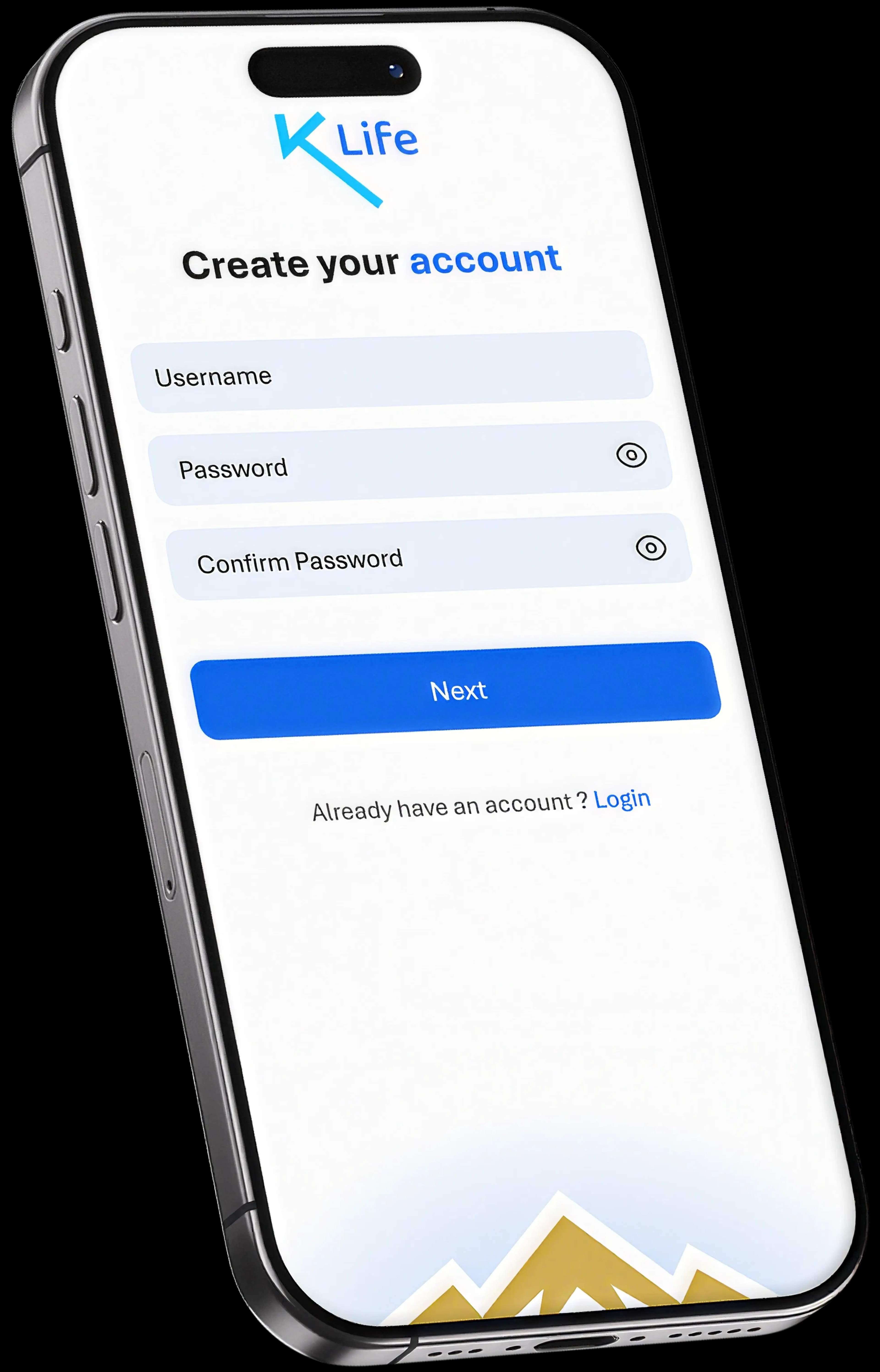 The KLife sign-up screen asking only for a username and password