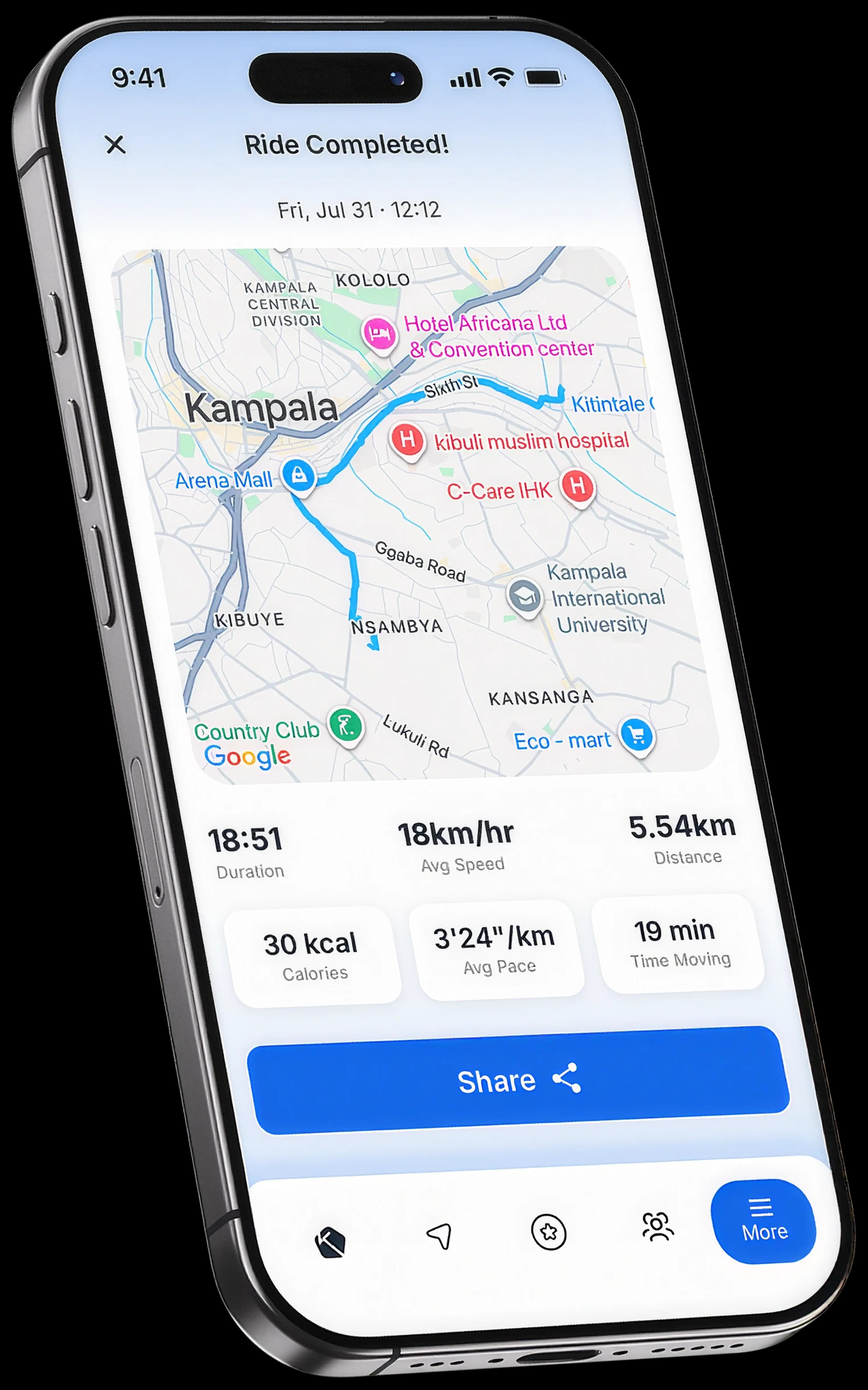 A completed KLife ride with its route, duration, speed and distance